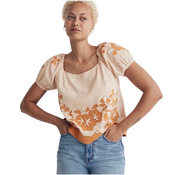 MADEWELL Women’s Boho Peach and Gold Floral Appliqué Puff Sleeve Top - Picture 4 of 7